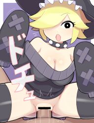 Rule 34 | 1boy, 1girl, bar censor, black choker, black dress, black eyes, black headwear, black thighhighs, blonde hair, blush, breasts, bright pupils, censored, choker, cleavage, commentary, cookie (touhou), cowboy shot, dress, fake yuuhi (cookie), frilled hat, frills, hair between eyes, hair over one eye, hat, hetero, hospital king, large breasts, long bangs, looking at viewer, no panties, off-shoulder dress, off shoulder, open mouth, penis, pov, pov crotch, purple background, pussy, sex, shiny skin, short dress, sleeves past fingers, sleeves past wrists, solo focus, studded choker, sweater, sweater dress, thighhighs, two-tone background, vaginal, white background, white pupils, witch hat