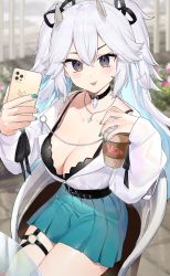 Rule 34 | 1girl, absurdres, belt, black bra, black choker, black eyes, blue skirt, bra, breasts, casual, cellphone, choker, cleavage, closed mouth, cup, disposable cup, hair between eyes, highres, holding, horns, iphone, iphone 11 pro, jewelry, large breasts, long hair, long sleeves, looking at viewer, miniskirt, nail polish, necklace, neonbeat, phone, pleated skirt, shirt, sitting, skirt, smartphone, smile, solo, strap gap, thigh strap, thighs, tongue, tongue out, two side up, underwear, v-shaped eyebrows, vei (vtuber), virtual youtuber, vshojo, white shirt