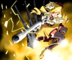 Rule 34 | 10s, 1girl, aiming, beret, blonde hair, blurry, boots, breasts, brown thighhighs, corset, depth of field, detached sleeves, drill hair, electricity, fingerless gloves, foreshortening, gloves, gun, hair ornament, hairpin, hat, light particles, magical girl, magical musket, mahou shoujo madoka magica, mahou shoujo madoka magica (anime), perspective, pleated skirt, puffy sleeves, ribbon, rifle, shirai sanjirou, shirt, skirt, solo, striped clothes, striped thighhighs, taut clothes, taut shirt, thighhighs, tomoe mami, twin drills, twintails, vertical-striped clothes, vertical-striped thighhighs, weapon, zettai ryouiki