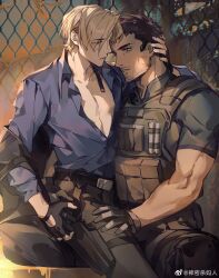 Rule 34 | 2boys, absurdres, artist request, bara, beard, brown hair, chris redfield, collared shirt, eye contact, eyes visible through hair, facial hair, feet out of frame, hand on another&#039;s neck, heads together, highres, leon s. kennedy, looking at another, male focus, mature male, multiple boys, muscular, muscular male, partially unbuttoned, pectoral cleavage, pectorals, resident evil, resident evil 6, shirt, short hair, sitting, sitting on lap, sitting on person, straddling, stubble, thigh strap, upright straddle, yaoi