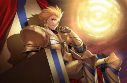 Rule 34 | 1boy, aora, arm armor, armor, blonde hair, earrings, fate/grand order, fate/stay night, fate/zero, fate (series), from side, gate of babylon (fate), gauntlets, gilgamesh (fate), glowing, gold armor, hand on own cheek, hand on own face, jewelry, leg armor, long sleeves, looking at viewer, male focus, manly, red eyes, shadow, shoulder armor, sitting, smile, smirk, solo, spiked hair, throne, upper body