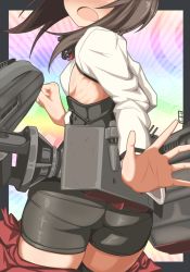 Rule 34 | 10s, 1girl, bike shorts, blush, breasts, brown hair, clothes pull, head out of frame, headband, kantai collection, kikunosukemaru, open mouth, outstretched arm, panties, personification, pleated skirt, reaching, reaching towards viewer, short hair, skirt, skirt pull, small breasts, solo, taihou (kancolle), thighhighs, underwear