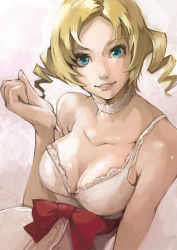 Rule 34 | 1girl, atlus, blonde hair, blue eyes, bow, breasts, catherine, catherine (game), choker, cleavage, dress, drill hair, pipon, solo, strap slip, twin drills, twintails, waist bow
