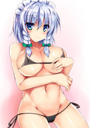 Rule 34 | 1girl, bare arms, bare shoulders, bikini, black bikini, blue eyes, bow, braid, breasts, commentary request, cowboy shot, gluteal fold, gradient background, green bow, groin, hair between eyes, hair bow, izayoi sakuya, large breasts, looking at viewer, maid headdress, micro bikini, navel, pink background, ryokushiki (midori-ya), short hair, side-tie bikini bottom, silver hair, smile, solo, standing, stomach, swimsuit, thighs, touhou, twin braids, white background
