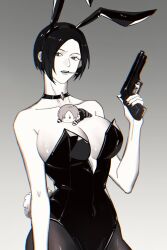 Rule 34 | 1boy, 1girl, aaamber 22, absurdres, ada wong, animal ears, bare shoulders, black choker, black hair, black leotard, black nails, breasts, choker, cleavage, collarbone, commentary, fake animal ears, fake tail, greyscale, gun, hair behind ear, hand up, highres, holding, holding gun, holding weapon, large breasts, leon s. kennedy, leotard, lying, mini person, miniboy, monochrome, on person, on stomach, pantyhose, parted lips, playboy bunny, rabbit ears, rabbit tail, resident evil, resident evil 2, resident evil 2 (remake), short hair, strapless, strapless leotard, symbol-only commentary, tail, weapon