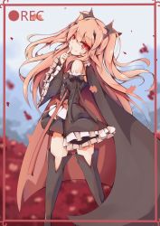 Rule 34 | 10s, 1girl, bare shoulders, black thighhighs, boots, cape, dango remi, detached sleeves, highres, krul tepes, long hair, looking at viewer, owari no seraph, pink hair, pointy ears, red eyes, sleeves past wrists, smile, solo, thigh boots, thighhighs