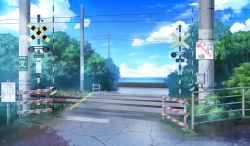 Rule 34 | blue sky, cable, cloud, commentary request, day, grass, highres, horizon, no humans, ocean, original, outdoors, power lines, railing, railroad crossing, railroad signal, railroad tracks, road, scenery, sign, sky, tiya, tree, tree shade, water