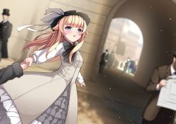 Rule 34 | 1girl, :o, black bow, blonde hair, blue eyes, blurry, blurry background, bow, dress, frilled dress, frills, hat, hat ribbon, holding hands, long hair, long sleeves, princess (princess principal), princess principal, puffy long sleeves, puffy sleeves, ribbon, standing, top hat, town, white ribbon, ylpz 23