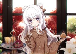 Rule 34 | 1girl, autumn, azur lane, berrypop, blurry, blush, bow, brown bow, brown sweater, closed mouth, commentary, depth of field, double bun, flower, fork, hair between eyes, hair bow, hair bun, hands up, holding, holding fork, holding plate, indoors, le malin (azur lane), lily (flower), long hair, long sleeves, plate, puffy long sleeves, puffy sleeves, purple eyes, sleeves past wrists, solo, sweater, symbol-only commentary, tiered tray, upper body, very long hair, white flower, white hair, window
