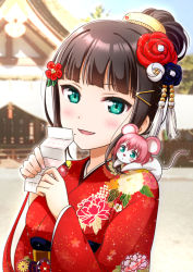 Rule 34 | 1girl, animalization, aqua eyes, blue flower, chinese zodiac, commentary request, flower, hair bun, hair flower, hair ornament, hair up, hairclip, hirako, holding, japanese clothes, kimono, kurosawa dia, kurosawa ruby, looking at viewer, love live!, love live! sunshine!!, mole, mole under mouth, mouse (animal), new year, omikuji, outdoors, red flower, red hair, red kimono, single hair bun, solo, sparkle, tassel, upper body, white flower, wide sleeves, year of the rat