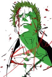 Rule 34 | 1boy, blood, blood on face, blood splatter, close-up, collarbone, earrings, fengcheche, green hair, green theme, head, highres, injury, jewelry, looking at viewer, male focus, one piece, open clothes, roronoa zoro, scar, scar across eye, scar on chest, scar on face, short hair, signature, single earring, solo, upper body, white background