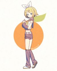 Rule 34 | 1girl, aegissanp, belt, blonde hair, blue eyes, blush, commentary, crop top, detached sleeves, food, from behind, fruit, hair ornament, hair ribbon, hairclip, hands up, headphones, highres, index fingers together, kagamine rin, lace trim, leg warmers, long sleeves, looking at viewer, looking back, midriff, neckerchief, orange (fruit), own hands together, parted bangs, ribbon, sailor collar, shirt, short hair, short shorts, shorts, sleeveless, sleeveless shirt, smile, solo, symbol-only commentary, vocaloid