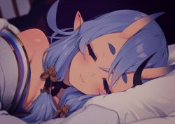 Rule 34 | 1girl, bad id, bad pixiv id, bare shoulders, black choker, black hair, blanket, blue hair, blurry, blurry background, blush, breasts, choker, cleavage, closed eyes, closed mouth, depth of field, dot nose, facing viewer, fang, horns, indoors, japanese clothes, long hair, long sleeves, lunch (shin new), lying, mole, mole under mouth, multicolored hair, nijisanji, on bed, on side, pillow, pink eyes, pointy ears, rindou mikoto, short eyebrows, sidelocks, skin-covered horns, smile, solo, streaked hair, thick eyebrows, virtual youtuber, wide sleeves