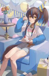 Rule 34 | 1girl, :t, animal ears, balloon, bead necklace, beads, blue shirt, blush, box, brown hair, cake, cake slice, chair, colored inner hair, crop top, cutoffs, daitaku helios (umamusume), ear covers, feet out of frame, flat chest, flower, food, fork, gift, gift box, grey shorts, hair ornament, hairclip, happy birthday, hat, highres, holding, holding fork, holding plate, horse ears, horse girl, horse tail, indoors, jewelry, kimura komekami, long hair, looking at viewer, multicolored hair, necklace, orange flower, orange rose, party hat, plant, plate, potted plant, rose, shirt, shirt under shirt, short shorts, shorts, side ponytail, sitting, smile, solo, string of flags, tail, two-tone hair, umamusume, utensil in mouth, white shirt