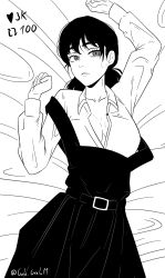 Rule 34 | 1girl, absurdres, artist name, bed sheet, black hair, breasts, chainsaw man, cleavage, collarbone, cowboy shot, dress, fourth east high school uniform, gratam, highres, like and retweet, long sleeves, looking at viewer, low twintails, lying, medium breasts, meme, mitaka asa, monochrome, no bra, on back, open clothes, open shirt, pinafore dress, school uniform, sleeveless, sleeveless dress, solo, sweat, twintails, twitter strip game (meme), twitter username, undressing