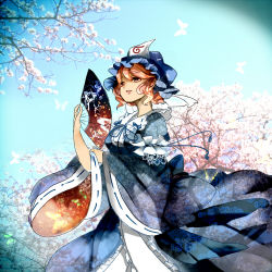 Rule 34 | 1girl, blue dress, cherry blossoms, dress, hand fan, hat, kousetsu (nonosuke), nonosuke, pink hair, saigyouji yuyuko, solo, touhou, triangular headpiece