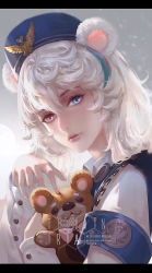 Rule 34 | 1girl, animal ears, arknights, artist name, bear ears, blue eyes, closed mouth, clothing request, commentary, commentary request, hat, heterochromia, highres, long hair, looking at viewer, multicolored eyes, red eyes, rosa (arknights), simple background, solo, stuffed animal, stuffed toy, teddy bear, train hb, white hair