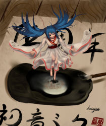 Rule 34 | 1girl, absurdres, blue hair, calligraphy, calligraphy brush, character name, hatsune miku, highres, ink, japanese clothes, long hair, oekaki musume, paintbrush, solo, twintails, vocaloid, wei ji, wooden floor