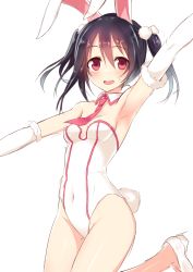 Rule 34 | 10s, 1girl, animal ears, arm up, armpits, bare shoulders, black hair, blush, breasts, cleavage, covered navel, detached collar, elbow gloves, fake animal ears, gloves, hair ornament, highleg, highleg leotard, hiraga matsuri, hirasato, leotard, long hair, looking at viewer, love live!, love live! school idol project, necktie, open mouth, playboy bunny, rabbit ears, rabbit tail, red eyes, simple background, small breasts, smile, solo, tail, twintails, white gloves, yazawa nico