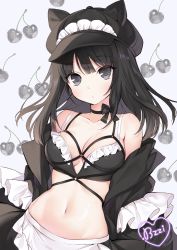Rule 34 | 1girl, animal ears, animal hat, apron, bare shoulders, black bow, black bra, black choker, black eyes, black hair, black hat, black jacket, black skirt, blush, bow, bra, breasts, byulzzi, cabbie hat, cat ears, cherry, choker, cleavage, closed mouth, collarbone, commentary, english commentary, fake animal ears, food, food background, frilled apron, frilled bra, frills, fruit, grey background, has bad revision, has downscaled revision, hat, head tilt, heart, highres, jacket, long hair, looking at viewer, maid, maid apron, maid headdress, md5 mismatch, medium breasts, miniskirt, navel, off shoulder, open clothes, open jacket, original, resolution mismatch, ribbon choker, skirt, solo, source smaller, stomach, underwear, upper body, waist apron, white apron