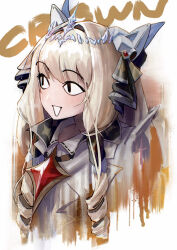 Rule 34 | 1girl, :d, blonde hair, blush, character name, crown (nikke), drill hair, goddess of victory: nikke, headgear, highres, long hair, o o k i n a, open mouth, simple background, smile, solo, white background
