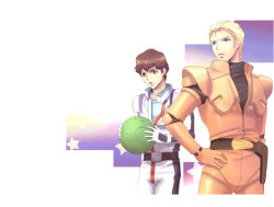 Rule 34 | 2boys, amuro ray, belt, blonde hair, blue eyes, brown hair, bulletproof vest, char&#039;s counterattack, char aznable, crotch seam, gradient background, gundam, hand on own hip, haro, holding, holster, looking at another, looking to the side, male focus, multiple boys, open mouth, pilot suit, shoulder pads, star (sky), star (symbol), white background