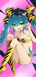Rule 34 | 1girl, :d, absurdres, animal print, bare arms, blue hair, boots, bow, bra, collarbone, commentary request, cosplay, hair between eyes, hair bow, highres, horns, idolmaster, idolmaster cinderella girls, knee boots, long hair, looking at viewer, lum, lum (cosplay), matoba risa, open mouth, panties, pink background, print bra, print footwear, print panties, roccamoya, sketch, smile, solo, strapless, strapless bra, tiger print, twintails, underwear, underwear only, urusei yatsura, very long hair, yellow bow, yellow bra, yellow eyes, yellow footwear, yellow panties