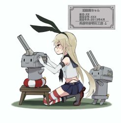 Rule 34 | 10s, 1girl, :|, animal ears, annin musou, arms up, bad id, bad twitter id, black neckerchief, blonde hair, boots, breasts, cannon, closed mouth, commentary request, elbow gloves, fake animal ears, gloves, grey eyes, hairband, highres, kantai collection, kneeling, lifebuoy, long hair, neckerchief, outstretched arms, pleated skirt, rabbit ears, rensouhou-chan, sailor collar, sailor shirt, shimakaze (kancolle), shirt, sign, sketch, skirt, sleeveless, sleeveless shirt, small breasts, smile, spread arms, standing, stool, striped clothes, striped thighhighs, swim ring, text focus, thighhighs, translation request, turret, white background, white gloves