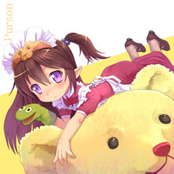 Rule 34 | 1girl, brown hair, hair bobbles, hair ornament, hand puppet, maid, maid headdress, meow (nekodenki), one side up, original, pantyhose, pointy ears, puppet, purple eyes, side ponytail, solo