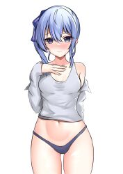 Rule 34 | 1girl, absurdres, black panties, blue eyes, blue hair, blush, breasts, collarbone, cowboy shot, grey tank top, hair ribbon, hand on own chest, highres, hololive, hoshimachi suisei, looking at viewer, navel, off shoulder, panpanmc4, panties, raised eyebrows, ribbon, side ponytail, simple background, small breasts, solo, star (symbol), star in eye, stomach, symbol in eye, tank top, thighs, underwear, virtual youtuber, white background