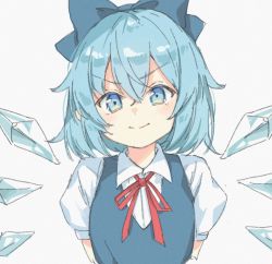 Rule 34 | 1girl, blue bow, blue eyes, blue hair, blue vest, bow, cirno, closed mouth, detached wings, hair between eyes, hair bow, ice, ice wings, looking at viewer, medium hair, neck ribbon, noise, paragasu (parags112), red ribbon, ribbon, shirt, short sleeves, simple background, smile, solo, touhou, upper body, vest, white background, white shirt, wings