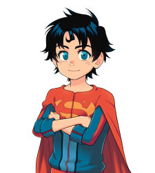 Rule 34 | 1boy, animification, black hair, blue eyes, cape, child, crossed arms, dc comics, jonathan kent, looking at viewer, male focus, okayu0317, red cape, short hair, simple background, smile, solo, superboy, superhero costume, superman (series), upper body, white background