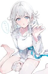 Rule 34 | 1girl, bare legs, blue eyes, blue nails, breasts, check translation, feeding, feet, full body, highres, incoming food, legs, looking at viewer, medium breasts, nail polish, open mouth, original, shirt, sitting, solo, translated, translation request, white background, white hair, white shirt