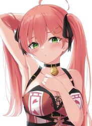 Rule 34 | 1girl, ahoge, arm behind head, arm up, armpits, bare shoulders, bell, black choker, black ribbon, blush, breasts, cat hair ornament, choker, cleavage, closed mouth, collarbone, commentary, crop top, cross-laced clothes, green eyes, hair ornament, hair ribbon, hand on own chest, highres, hololive, jingle bell, large breasts, long hair, looking at viewer, neck bell, pink hair, ponono desu, ribbon, sakura miko, sakura miko (work), simple background, sleeveless, solo, twintails, upper body, virtual youtuber, white background