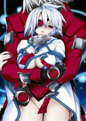 Rule 34 | 1boy, 1girl, arc system works, black gloves, blazblue, blue hair, blush, breasts, cape, censored, convenient censoring, couple, eyepatch, gloves, grey hair, height difference, hetero, hug, hug from behind, jacket, large breasts, naked cape, no panties, nu-13, ofuda, ragna the bloodedge, red eyes, red jacket, tanabe (studio tiamat), underboob