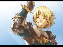 Rule 34 | 1girl, :d, armor, belt, blonde hair, blue background, breastplate, character request, elbow pads, closed eyes, facing viewer, gauntlets, guchico, hand up, letterboxed, miniskirt, monster hunter (series), open mouth, short hair, skirt, smile, solo, upper body