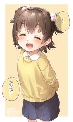 Rule 34 | 1girl, akagi miria, arms behind back, blush, closed eyes, collarbone, dated, facing viewer, hair ornament, happy birthday, highres, idolmaster, idolmaster cinderella girls, idolmaster cinderella girls starlight stage, long sleeves, open mouth, short hair, skirt, solo, sweater, translated, two side up, yellow background, yellow sweater, yukie (kusaka shi)