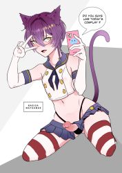 Rule 34 | 1boy, absurdres, animal ears, black neckerchief, black panties, blue skirt, cat ears, cat tail, cellphone, clip studio paint (medium), cosplay, crop top, crossdressing, elbow gloves, english text, erection, gloves, highleg, highleg panties, highres, holding, holding phone, kantai collection, male focus, microskirt, nagisamatsumae, navel, neckerchief, original, panties, penis, penis out, phone, pleated skirt, purple hair, sailor collar, shimakaze (kancolle), shimakaze (kancolle) (cosplay), short hair, skirt, smartphone, solo, speech bubble, striped clothes, striped thighhighs, tail, thighhighs, thong, trap, uncensored, underwear, v, white gloves, yellow eyes