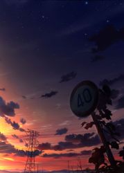 Rule 34 | cloud, commentary, highres, karanagi, night, night sky, no humans, original, outdoors, plant, road sign, scenery, sign, sky, star (sky), starry sky, transmission tower, twilight