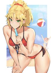 Rule 34 | 1boy, 1girl, absurdres, astolfo (fate), astolfo (sparkling frills) (fate), beach, bikini, blonde hair, blue sky, border, braid, breasts, cloud, collarbone, commentary, day, deccatezu, english commentary, fate/apocrypha, fate/grand order, fate (series), food, french braid, front-tie bikini top, front-tie top, green eyes, hair ornament, hair scrunchie, halterneck, hand on own thigh, highres, leaning forward, light blush, long hair, looking at viewer, mordred (fate), mordred (fate) (all), mordred (swimsuit rider) (fate), ocean, outdoors, ponytail, popsicle, red bikini, scrunchie, shore, side-tie bikini bottom, sidelocks, sky, small breasts, smile, smirk, swimsuit, thighs, twitter username, white border