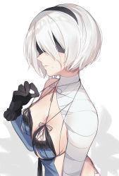 Rule 34 | 1girl, bandaged arm, bandages, black gloves, black hairband, breasts, cleavage, cosplay, covered eyes, gloves, hairband, highres, kaine (nier), kaine (nier) (cosplay), large breasts, looking at viewer, mole, mole under mouth, nier, nier:automata, nier (series), nozawa noko, short hair, sideboob, silver hair, strap gap, upper body, white background, 2b (nier:automata)