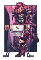 Rule 34 | 1girl, apex legends, black footwear, black gloves, black headwear, black jacket, blue eyes, boots, cable, commentary, cyber punked wattson, english commentary, eyepatch, eyeshadow, fingerless gloves, gloves, heart, horns, jacket, leaning forward, lightning bolt symbol, looking to the side, makeup, mechanical legs, nina liu, official alternate costume, one eye covered, parted lips, pink eyeshadow, pink hair, red lips, solo, wattson (apex legends)