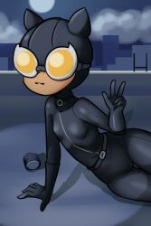 Rule 34 | 1girl, :3, aged down, animal ears, batman (series), belt, black belt, black bodysuit, black gloves, bodysuit, breasts, cat ears, catwoman, cloud, dc comics, drantyno, gloves, goggles, highres, ladder, looking at viewer, lying, moon, night, rooftop, selina kyle, sky, small breasts, w