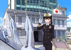 Rule 34 | 1girl, alternate costume, anchor, black hair, black jacket, black necktie, black pants, blue sky, brown eyes, building, buttons, cloud, collared shirt, commentary request, cowboy shot, day, double-breasted, dress shirt, female service cap, flagpole, formal, gloves, hitakikan, jacket, japan maritime self-defense force, japan self-defense force, japanese flag, kaga (kancolle), kantai collection, military, military uniform, necktie, official alternate costume, outdoors, pant suit, pants, salute, shirt, side ponytail, sky, solo, suit, uniform, white gloves, white headwear, white shirt