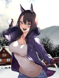Rule 34 | 1girl, :d, animal ears, blue eyes, blue pants, blurry, blurry background, blush, breasts, brown gloves, brown hair, cloud, cloudy sky, coat, commentary request, day, denim, depth of field, forest, fox ears, fur trim, gloves, grey sweater, hair between eyes, hand up, hiiragi yuuichi, house, jeans, long hair, long sleeves, looking at viewer, medium breasts, nature, open clothes, open coat, open mouth, original, outdoors, pants, purple coat, sky, smile, snow, snowball, snowball fight, solo, standing, tree, upper body, winter clothes, winter coat