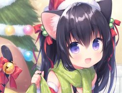 Rule 34 | 1girl, :d, animal ears, bell, black hair, blurry, blurry background, bow, cat ears, cat girl, cat tail, christmas ornaments, christmas tree, commentary request, depth of field, detached sleeves, fang, fur-trimmed headwear, fur-trimmed sleeves, fur trim, green scarf, hair between eyes, hair bobbles, hair bow, hair ornament, hand up, hat, jingle bell, long hair, long sleeves, looking at viewer, open mouth, original, purple eyes, red bow, red hat, red sleeves, santa hat, scarf, smile, solo, tail, tail bell, tail bow, tail ornament, tail raised, upper body, usashiro mani