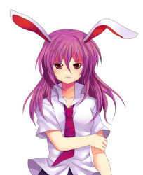 Rule 34 | 1girl, animal ears, closed mouth, collared shirt, female focus, frown, hair between eyes, holding own arm, long hair, necktie, purple hair, rabbit ears, red eyes, red necktie, reisen udongein inaba, shirt, short sleeves, simple background, solo, subaru (yachika), touhou, upper body, white background, white shirt