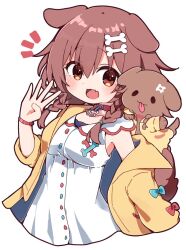 Rule 34 | 1girl, animal collar, animal ears, blush, bone hair ornament, braid, brown eyes, brown hair, buttons, collar, creature, creature on shoulder, dog ears, dog girl, dog tail, dress, finger counting, hair between eyes, hair ornament, hairclip, hololive, inugami korone, inugami korone (1st costume), inugami korone (dog), jacket, long hair, looking at viewer, low twin braids, low twintails, off shoulder, on shoulder, open clothes, open jacket, rabiiandrain, red collar, smile, tail, twin braids, twintails, virtual youtuber, white dress, yellow jacket