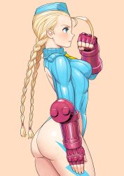 Rule 34 | 1girl, ahoge, ass, back cutout, blonde hair, blue leotard, blush, braid, breasts, cammy white, camouflage, clenched hand, closed mouth, clothing cutout, commentary request, fingerless gloves, fingernails, from side, garrison cap, gloves, hand up, hat, heattech leotard, highleg, highleg leotard, highres, leotard, lips, long hair, long sleeves, looking away, medium breasts, necktie, ribbed leotard, shadaloo dolls, shigenobu, shiny clothes, simple background, street fighter, street fighter zero (series), thighs, twin braids, twintails