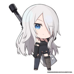Rule 34 | 1girl, a2 (nier:automata), bare shoulders, black shorts, black thighhighs, breasts, chibi, closed mouth, commentary, english commentary, full body, goddess of victory: nikke, grey hair, hair over one eye, highres, long hair, looking at viewer, medium breasts, mole, mole under mouth, official art, short shorts, shorts, solo, standing, sword, thighhighs, thighs, totatokeke, very long hair, weapon